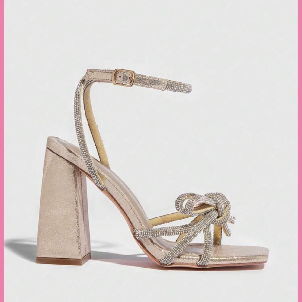 Glamorous Champagne Ankle Strap Rhinestone Chunky Heels - Picture 2 of 8